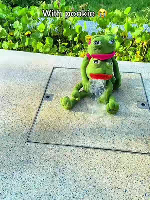 The image shows a plush frog toy sitting on a concrete surface. The frog, in varying shades of green, has a red scarf around its neck and a sad expression. A smaller version of the frog is positioned above the larger one, conveying the impression of one frog sitting on another. The image is set outdoors, with blurred greenery in the background adding depth. Water is seen coming from the frog.