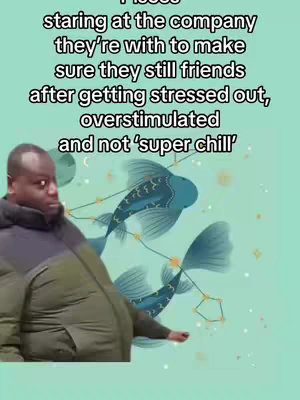 The image shows a man with a concerned expression in front of a teal background. Overlayed on the picture is a text description and two stylized fish with astrological symbols.