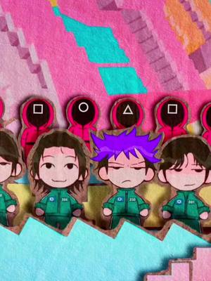 An illustrated graphic with rows of cartoon figures from the 'Squid Game' series set against a textured pink and light blue background. The front row shows characters with numbered green outfits; behind them are outlined red shapes of guards or workers, each with a symbol of circle, triangle, or square. Above is a pink gradient textured background. Some characters have purple hair, and all are shown with distinct, animated, facial expressions. The composition uses a simple, illustrative style with a slightly rough, textured aesthetic, suitable to portray iconic characters with cartoonish style.