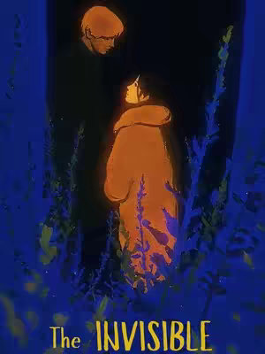 An artistic illustration with a dark blue background, featuring a person in an orange coat looking up towards another figure, also in orange, against a darkened area. The foreground is filled with stylized blue and green plant-like forms. The title text 'The Invisible' appears at the bottom of the image.