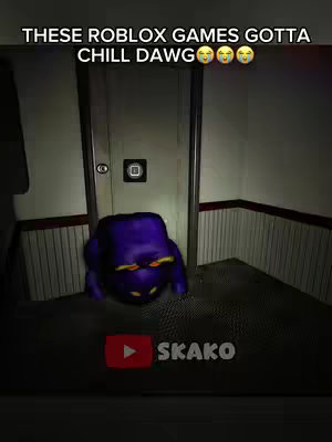 The image shows a dark, shadowy interior with a doorway in the center. A large, purple creature with yellow eyes and a mouth is crouched in the foreground. Text overlays at the top of the image with a fun style and the channel logo at the bottom.