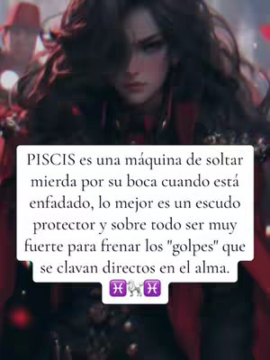 An AI-generated image of a woman with long dark hair and a determined expression. She is set against a blurred background with hints of red, the overall composition conveying a powerful and perhaps combative theme. A text box in the foreground contains Spanish text concerning the zodiac sign Pisces.