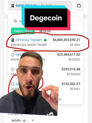 A man with short dark hair is in the foreground, centered, gesturing with his right hand. Behind him is a screenshot of what appears to be a finance app with a red and black banner that reads 'Degecoin'. Below the banner are details about a Trump token along with dollar amounts. The background is bright, suggesting it is a screenshot.