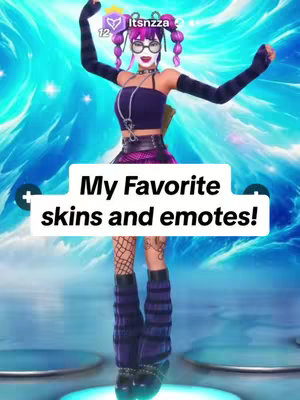 The cover image features a female character from Fortnite with an elongated body. She is dressed in a purple theme with a dark tube top, shorts, and boots. Her hair is styled with multiple purple pigtails. The background has a bluish-white gradient with floating particles adding a digital feel. Overlayed at the center is a white rectangle containing the text 'My Favorite skins and emotes!' written in a bold, sans-serif font.
