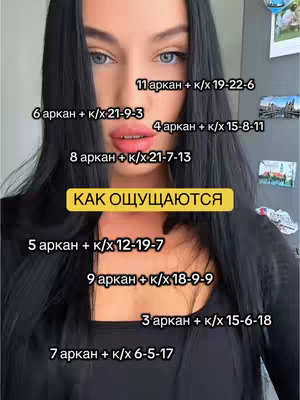 A medium shot of a woman with long black hair, looking directly at the camera. The woman has fair skin, blue eyes, and red lips. The image is a selfie-style shot. On the screen are the numbers 11, 6, 4, 8, 5, 9, 3, and 7, associated with mystical concepts. There is a yellow rectangular box with Cyrillic characters. The background is a door of a refrigerator.