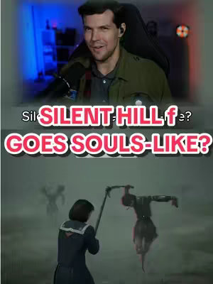 The cover image is split into three sections. At the top, a man is centered, wearing headphones and facing the camera with a slight smile. The middle section has colored text announcing "SILENT HILL f GOES SOULS-LIKE?". The bottom section shows a scene from what appears to be a video game, with a figure wielding a weapon and two other blurred figures in the background.