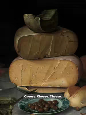 The image features a still life composition with cheese as the primary focus. Two large, aged cheese wheels are centrally displayed, stacked atop one another. The cheeses are various shades of tan and brown, suggesting different aging processes. A dark background emphasizes the cheese, and the composition suggests a classic painting style, with a plate of grapes and a cup of wine in the foreground..