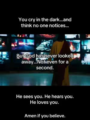 The image shows a figure of Jesus from the back, standing in front of multiple screens. The screens display images of fire and other scenes. Text overlays the image, posing statements of faith.