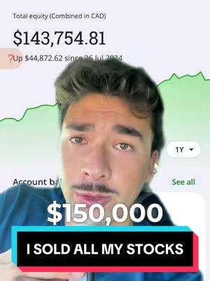 A man with a mustache and short dark hair looks directly at the camera. The image has layered elements: a background displaying financial data, and text overlay including a large dollar amount, text stating 'I SOLD ALL MY STOCKS', and other financial figures at the top. Green and white color palettes dominate, suggesting financial data presentation.