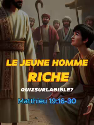The image depicts a scene from what appears to be a Biblical story. In the foreground on the left, a man dressed in a white robe stands with his back to the viewer. Beside and to the right of him a young man kneels, looking up with a hopeful expression. The background features other men in robes, suggesting a crowd. Text overlays in bold yellow and blue fonts indicate the title and some references.