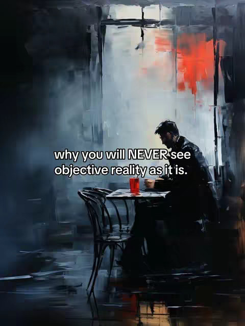 An artistic, abstract painting depicts a man sitting at a table in a dimly lit cafe. The color palette is dominated by dark blues and grays, with accents of red. Dramatic lighting and a contemplative atmosphere. The text overlay in white font.