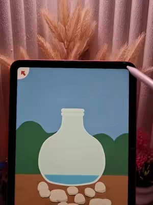 The cover image shows a tablet displaying a digitally illustrated scene of a vase with water inside, set against the backdrop of a light blue sky and green rolling hills. Around the vase are several beige-colored stones. The tablet is surrounded by out-of-focus pink curtains and some fluffy, tan-colored plant decor, creating a soft and inviting atmosphere.