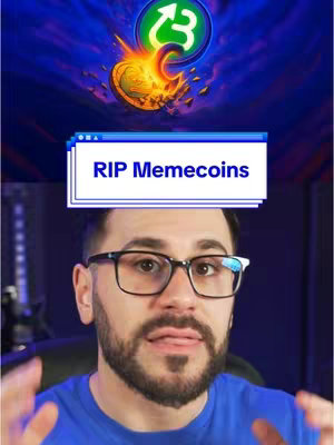 The cover image features a man in glasses looking towards the viewer, with an image overlay depicting a coin on fire and text that says RIP Memecoins.
