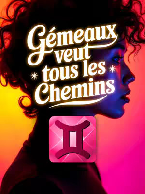 A stylized image with a woman's profile in the foreground, set against a gradient background merging orange, pink, and purple. The image features overlay text reading 'Gémeaux veut tous les Chemins', and a Gemini zodiac symbol is superimposed near the woman's silhouette.