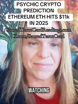 A woman with blonde hair and a red shirt looks at the camera over a background that looks like a tree with a blue color and a green aura. Text overlay provides a headline about a psychic crypto prediction.