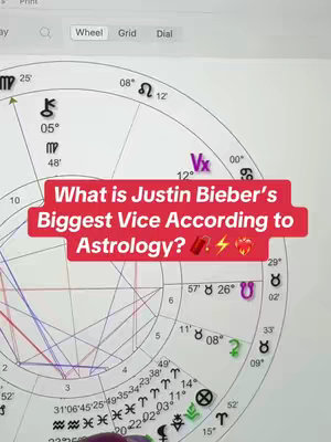 The image shows an astrological chart with text overlayed on a red bar which says: "What is Justin Bieber's Biggest Vice According to Astrology?" with emojis. The chart shows celestial symbols and lines.