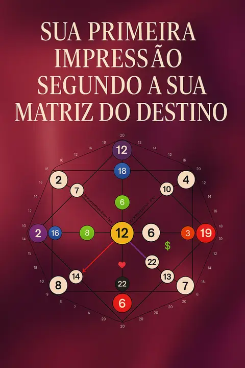 The image is a graphically designed infographic. It features a deep red gradient background, with white or yellow text overlayed at the top, reading "SUA PRIMEIRA IMPRESSÃO SEGUNDO A SUA MATRIZ DO DESTINO". Below this text is a geometric diagram composed of interconnected circles and lines, resembling a network.