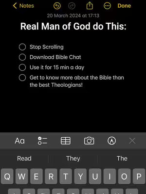 Screenshot from the Notes app on an iPhone. The background is black. Text at the top reads 'Notes' and a timestamp. Below it, centered, is 'Real Man of God do This:'. Below that are numbered check-boxes with associated actions, ending with 'Get to know more about the Bible than the best Theologians!'. At the bottom is a keyboard showing a portion of the letters.