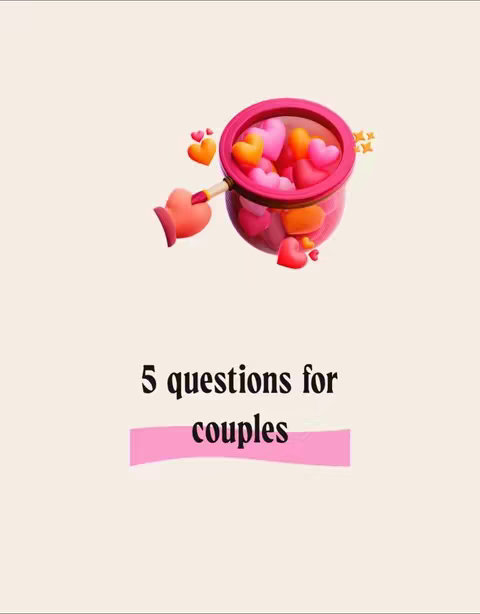 The cover image is a pastel scene featuring a cartoonish depiction of a net filled with hearts of various colors, held by a heart-shaped hand. Below is the text '5 questions for couples' in a stylized font. The background is a plain cream color.