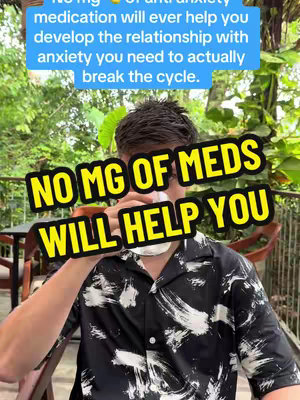 A man is shown from the chest up, holding a cup to his mouth. He is seated outdoors, with foliage visible in the background. The image has text overlays in a blue and yellow boxes with bold fonts.