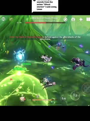 A video game scene from Genshin Impact, showing a Warden of Oasis Prime boss fight. Characters are in motion, and the environment features lush green scenery. Overlay text is present at the top, possibly referencing a comment or reaction related to anime.