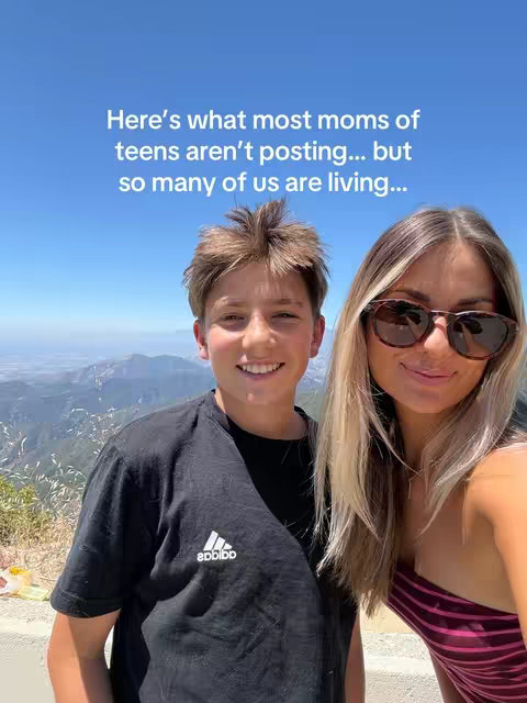 A split shot featuring a young boy smiling on the left and a woman wih sunglasses on the right, both posing outdoors against a backdrop of a mountain view and clear sky. Text overlay at the top.