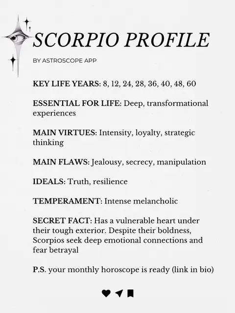 A white background with black text and a stylized eye illustration. The text is arranged in a list format outlining the Scorpio profile, including key life years, essential aspects, virtues, flaws, ideals, temperament, and a secret fact.