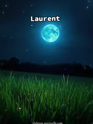 The image shows a nighttime scene. A large, bright, blue moon is in the center of the frame, illuminating the dark blue sky. Below the moon, there's a field of green grass in the foreground, with a slightly blurred tree line in the distance. The word "Laurent" is written in white, at the center, in the top of the image.