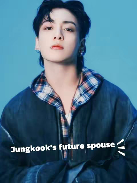 A medium shot of a young man with dark hair, gazing upward. He has a slight smirk and a piercing in his lip. The background is a solid light blue, and the text overlay reads "Jungkook's future spouse".