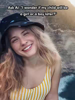 A young woman with blonde hair and a bright smile is centered in the frame wearing a yellow and white striped swimsuit and a black sun hat; behind her, a wavy ocean and sunset colors blend into the background; text overlayed at the top in a white color.