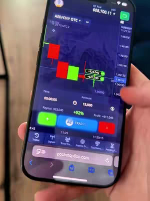 A smartphone screen displaying a trading application with charts and financial data. The phone is held in a hand with the screen angled towards the viewer.