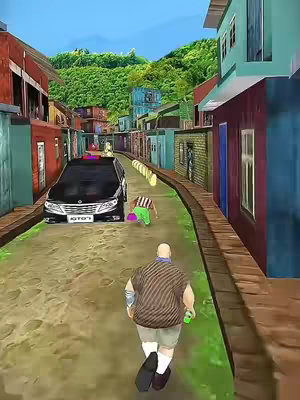 An illustrated scene of a city street chase. A bald, muscular man in a striped shirt and shorts runs away from the camera, carrying a green bottle. Behind him, a person in green pants is on the ground.  A black police car with flashing lights speeds along the street. Buildings line the street, conveying a sense of vibrant hustle and action. The skyline is dominated by a sky.