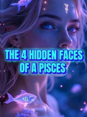 A digitally rendered image features a woman with fair skin, blue eyes, and long, flowing blonde hair. The background is a soft gradient of purples and blues, with hints of pink, suggesting a mystical or ethereal environment. Text overlayed on the image reads, "THE 4 HIDDEN FACES OF A PISCES," in a bold, outlined font. A luminous fish is positioned on the lower left, and other small shimmering orbs are scattered throughout the scene, adding to the fantastical feel. The focus of the image is the woman's face, her expression is mysterious. The lighting gives a gradient effect across her face.