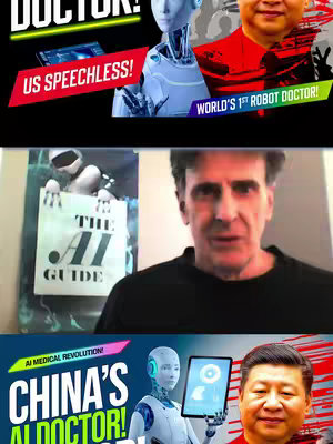 The cover image is a composite. The top section displays text that reads: “US SPEECHLESS!” set on a red and green background. Below is an image of the apparent video creator speaking to the camera. At the bottom, an AI robot and Xi Jinping are sharing the screen for the “CHINA’S AI DOCTOR” content.