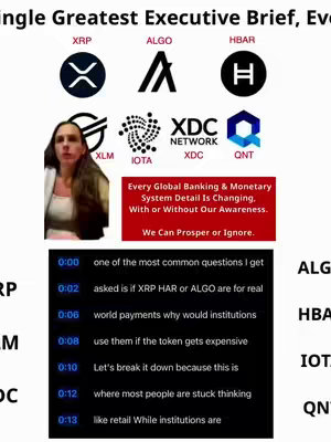 A woman in front of a screen that includes cryptocurrency logos (XRP, ALGO, HBAR, XLM, IOTA, XDC, QNT) and text related to banking changes. Below this are timestamps with accompanying text such as "one of the most common questions I get", "asked is if XRP HAR or ALGO are for real".