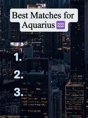 A nighttime cityscape with illuminated skyscrapers fills the background. Overlayed at the top, a white rectangular box contains the text "Best Matches for Aquarius" along with the Aquarius zodiac symbol. Below, a numbered list indicates the upcoming content.