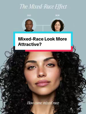 The cover image features a stylized graphic with a central image of a woman's face, framed from the shoulders up. The woman has a light skin tone, with dark, curly hair. Across the top, text reads "The Mixed-Race Effect" in an elegant, sans-serif font. To the left, a graphic represents a black man labeled "DAD", and to the right, a white woman labeled "MOM". In the middle a rectangle in the middle contains the title: "Mixed-Race Look More Attractive?"