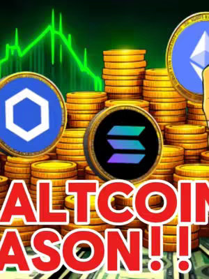 The image is designed with a cryptocurrency theme. It highlights three cryptocurrency logos prominently placed amidst stacks of gold coins, possibly representing gains or value. A green chart, suggesting financial growth, serves as a backdrop, adding a visual reference to market trends. Bold red text, which could be a title or hook, is overlaid at the bottom, with the complete text reading "ALTCOIN SEASON!!". The overall composition is vibrant, with a focus on financial concepts.