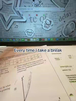 The image shows a laptop screen displaying a homework problem overlaid with the text "Every time I take a break". The laptop is on a cluttered desk. Above are stickers of cute cartoon characters. The overall arrangement suggests college related activities.
