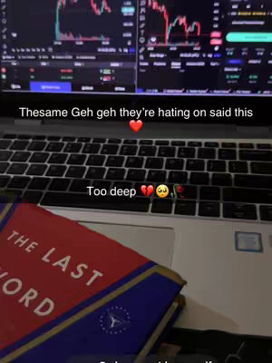 The image shows a laptop with a book titled 'The Last Word' resting on it. The screen displays financial data. Overlayed text and emoji add emotional context.