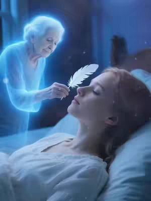 A serene image shows a woman lying in bed, appearing to be dreaming. Above her, a spectral figure of an older woman, radiating a soft blue glow, hovers, delicately holding a feather near the sleeping woman's face. The scene is bathed in a soft blue light, adding to the ethereal and dreamlike quality of the image.