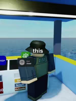 A Roblox character stands on a boat, wearing a hat with text overlayed that says "this". The Roblox character is in a boat and there's the ocean visible in the background.