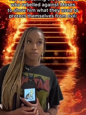 A young woman with long, braided hair stands in front of a fiery background that appears to be a stylized depiction of hell with stairs leading upwards. She's holding a phone displaying an image of what appears to be an illustrated scene. The scene is framed with text overlayed at the top. The overall composition suggests a thematic connection to spirituality or religion, with digital art elements.