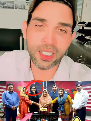 The image is a split screen. The top portion features a light-skinned man with short, dark hair and a beard, looking directly at the camera. The background is a plain, possibly white, wall. Beneath is a wider shot of a group of people at a gathering, centered around a table on which a cake is being cut. Some are in traditional attire; overall, the composition is balanced, with the upper face dominating the visual.