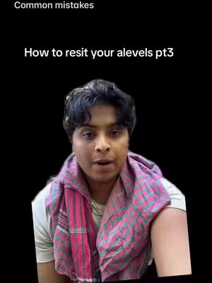 The cover image shows a person in front of a plain black background. They are centered, looking directly at the viewer. The person is wearing a white t-shirt with a fringed pink scarf. The text "Common mistakes" is written above them, while the main title, "How to resit your alevels pt3", is below it.