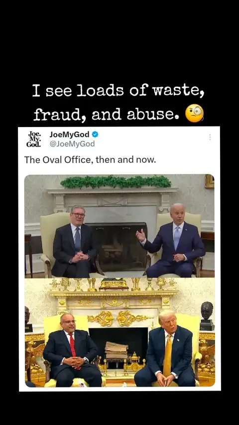 The cover image displays a side-by-side comparison of two photos in the Oval Office. Above them is text that reads "I see loads of waste, fraud, and abuse." The photos feature two contrasting settings: the first shows former President Barack Obama and an aide, while the second showcases former President Donald Trump with an aide. The composition is a straightforward comparison intended to highlight differences between the two administrations.