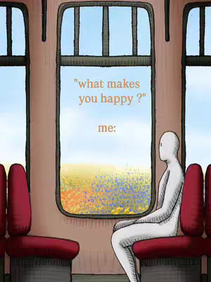 An illustrated image depicts a person sitting inside what appears to be a train, looking at a landscape visible through the window. The interior of the train is defined by the red seats and the shape of the windows with vertical bars. The outer world is a field of colorful flowers. The person sitting inside is a faceless, white figure.