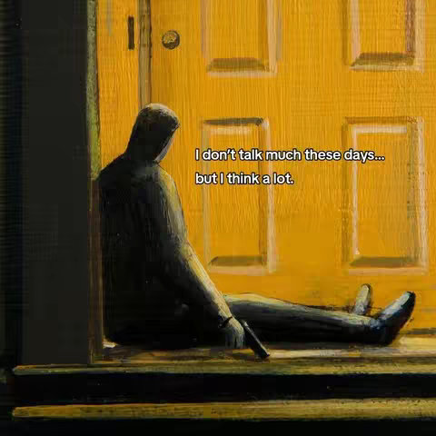 An artistic painting depicting a seated figure in a dark, introspective scene. The figure is silhouetted, seated against a partly visible door. The color palette is dominated by ochre and deep blacks, creating a somber mood.