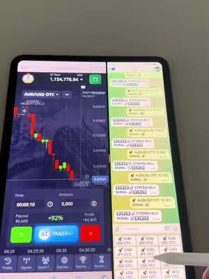 The image showcases a side-by-side view of a mobile phone screen, split into two sections. On the left, a trading platform interface displays a candlestick chart and financial data, including a current asset value, time, and profit/loss information. The right side shows a messaging app with a stream of messages, most likely trading signals. The background is a light color. The overall composition is a vertical split screen, with the left side featuring the trading chart and the right providing trading signals.