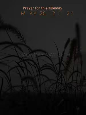 The image shows a dark, blurry outdoor scene, possibly at dusk or dawn. Silhouettes of tall grasses or reeds dominate the foreground against a hazy background. Text overlays include a prayer request related to a specific Monday, May 26, 2025, and a repeated date below the text content.